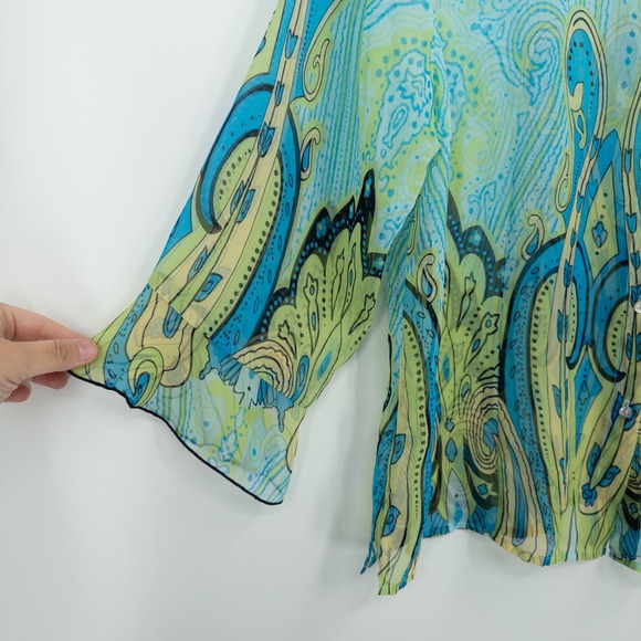 Y2K Sheer Paisley Top Womens L Turquoise Green‎ Boho Flowy Top Retro Peasant - Picture 3 of 11